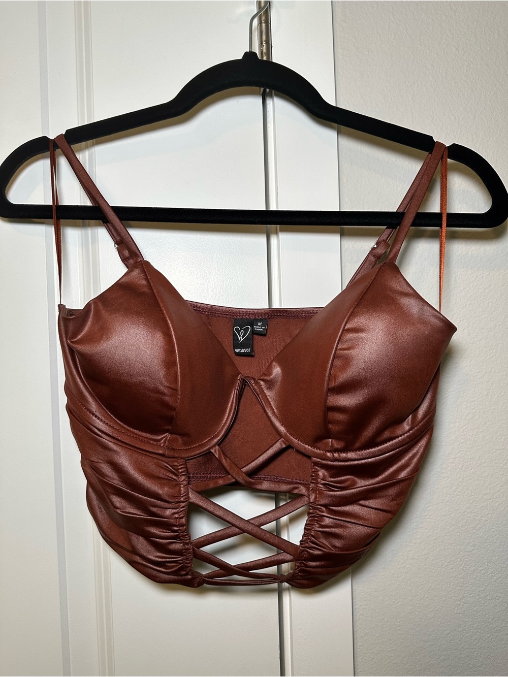 Windsor Rust Brown Satin Crisscross Underwire Crop Bralette
